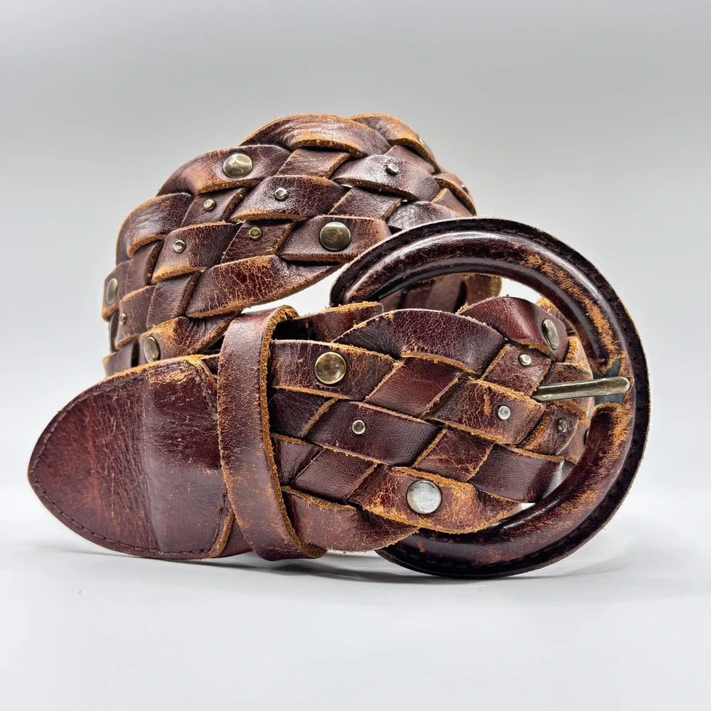 Vintage Wide Braided‎ Brown Leather Studded Belt Round Buckle Mahogany 1.75in OS